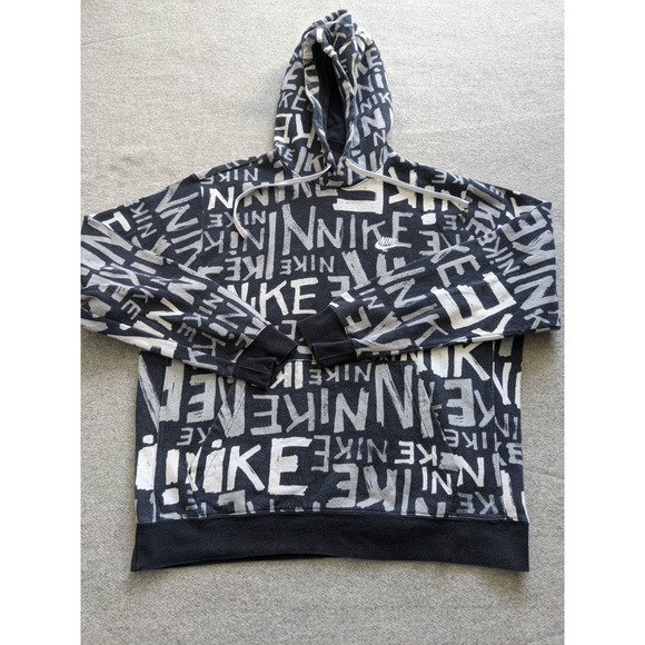 Nike Hoodie Fleece Sweatshirt Mens Size L Black Spell out Nike All Over Y2K - Picture 1 of 6